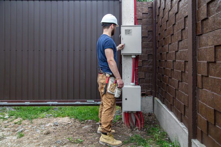 Electrician builder examines the cable connection in the electrical line in switchboard
